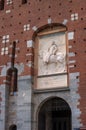 Bas-relief depicting the King Umberto I of Italy on the Filarete Tower of the Castello Sforzesco in Milan, Italy Royalty Free Stock Photo