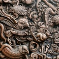 Bas-relief sculpture, floral stone carved wall background with eagle bird and leaves, Created with generative Ai