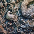 Bas-relief sculpture, floral stone carved wall background with eagle bird and leaves, Created with generative Ai