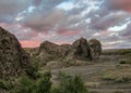 Basalt columns create unique formations at Vesturdalur, Asbyrgi, with dramatic sky in the sunset, Northeast of Iceland, Europe Royalty Free Stock Photo