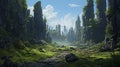 The Basalt Forest: A Fantastical Ruins Landscape Illustration Royalty Free Stock Photo