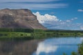 Basalt mountain cliffs overlooking columbia river grant county mattawa with crystal blue skies and reflection in the water Royalty Free Stock Photo