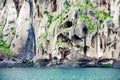 Typical basalt cliffs with caves for seabirds over turquoise sea on Heimaey, Westman Isles, Iceland, Atlantic Ocean