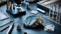 Basalt Rock Sample on Laboratory Table with Scientific Equipment Royalty Free Stock Photo