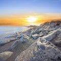 Basalt Rocks Seashore with Black Seashell