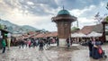 Bascarsija square with Sebilj wooden fountain in Old Town Sarajevo, capital city of Royalty Free Stock Photo