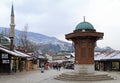 Bascarsija square with Sebilj wooden fountain in Old Town Sarajevo Royalty Free Stock Photo