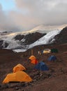 Base camp tents mountains slopes, climbing route to mount Aconcagua. Parque provincial Aconcagua, Mendoza Argentina