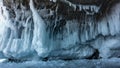 The base of the granite rock is covered with fancy icicles like lace.