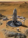 Base on planet Mars with a rocket launch pad