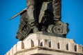 Base of the statue of the Spanish conquistador Hernan Cortes in which he rests his foot on the head of an Aztec idol.