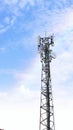 Communication tower network antenna for cellular telephone with blue cloudy sky Royalty Free Stock Photo