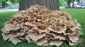 The base of a tree hosts a lively growth of hen of the woods, or maitake mushrooms, characterized by their unique Royalty Free Stock Photo