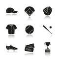 Baseball accessories drop shadow black icons set