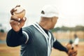 Baseball, athlete hand and ball sports while showing grip of pitcher outdoor in sport game. Exercise, game and softball Royalty Free Stock Photo
