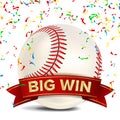 Baseball Award Vector. Red Ribbon. Big Sport Game Win Banner Background. White Ball, Red Stitches. Confetti Falling