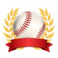 Baseball Award Vector. Sport Banner Background. White Ball, Red Stitches, Red Ribbon, Laurel Wreath. 3D Realistic