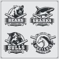 Baseball badges, labels and design elements. Sport club emblems with bear, shark, bull and horse.