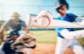 Baseball ball, athlete bat swing and speed on outdoor sport field with team and blur. Sports fast pitch, softball player Royalty Free Stock Photo