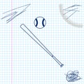 Baseball ball and bat line sketch icon isolated on white background. Vector Illustration. Royalty Free Stock Photo