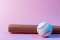 Baseball ball and bat on pink background. Team sport concept Royalty Free Stock Photo