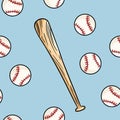 Baseball ball and bat seamless pattern. Cute doodle hand drawn doodles background texture tile Royalty Free Stock Photo