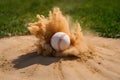 Baseball ball in dry sand explosion on the pitchers mound photo, symbolizing the intensity of baseball games Royalty Free Stock Photo