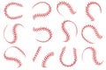 Baseball ball lace. Softball balls with red threads stitches graphic elements, spherical stroke lines for sport leather