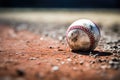 Baseball ball on a red baseball field with shallow depth of field, Baseball on the Infield Chalk Line, AI Generated Royalty Free Stock Photo