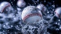 Baseball ball in water splash with multiple balls in background water droplets and reflections Royalty Free Stock Photo