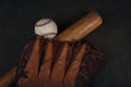 Baseball ball, wooden bat and vintage glove Royalty Free Stock Photo