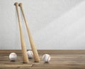 baseball ball and wooden baseball bat in white empty room wooden floor with sunlight cast shadows on wall