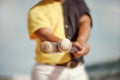 Baseball, baseball player and black man hit ball on field in match, game or competition. Fitness, sports and closeup of