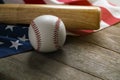 Baseball and baseball bat with American flag Royalty Free Stock Photo