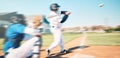 Baseball bat, athlete swing and speed ball on a outdoor sport field with team and blur. Sports fast pitch, softball Royalty Free Stock Photo