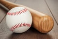 Closeup of baseball bat and ball on wooden table Royalty Free Stock Photo