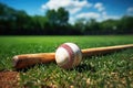 Baseball bat and ball on a green grass of baseball field. AI Generated