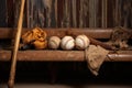 a baseball bat, ball, and glove resting on a bench Royalty Free Stock Photo