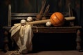 a baseball bat, ball, and glove resting on a bench Royalty Free Stock Photo