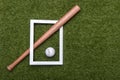 Baseball bat and ball on green grass field.  Sport theme background with copy space for text and advertisment Royalty Free Stock Photo