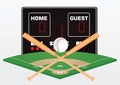 Baseball bat, ball, scoreboard and field Royalty Free Stock Photo