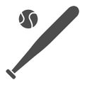 Baseball bat and ball solid icon. Sport equipment vector illustration isolated on white. Game glyph style design Royalty Free Stock Photo
