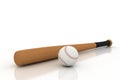 Baseball bat and ball on white