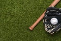 Baseball bat, glove and ball on green grass field.  Sport theme background with copy space for text and advertisment Royalty Free Stock Photo