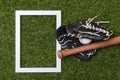 Baseball bat, glove and ball on green grass field.  Sport theme background with copy space for text and advertisment Royalty Free Stock Photo