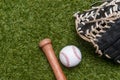 Baseball bat, glove and ball on green grass field.  Sport theme background with copy space for text and advertisment Royalty Free Stock Photo