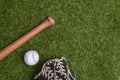 Baseball bat, glove and ball on green grass field.  Sport theme background with copy space for text and advertisment Royalty Free Stock Photo