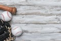 Baseball bat, glove and ball on wooden background.  Sport theme background with copy space for text and advertisment Royalty Free Stock Photo