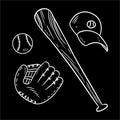 Baseball, Baseball Bat, Hat And Catchig Glove Chalkboard Doodles. Hand Drawn Image Set