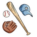Baseball, baseball bat, hat and catchig glove doodles. Hand drawn image set Royalty Free Stock Photo